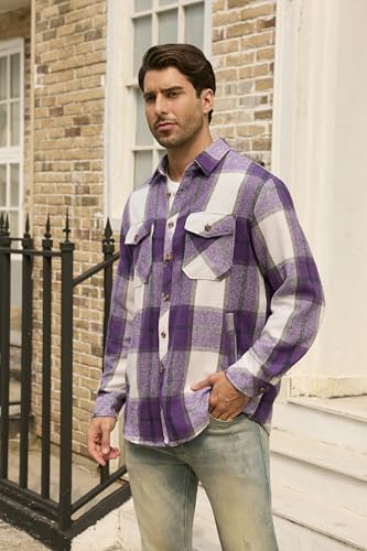 Image of Cromoncent Mens Boys Thick Flannel Shirt Long Sleeve Shirt Jacket Casual Button Down Multi Pockets Shacket