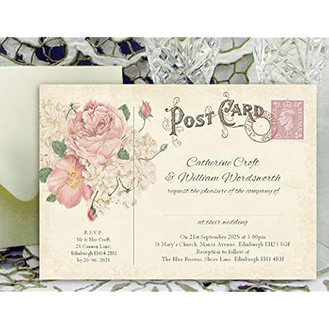 Personalised Wedding Invitations - Pack of 30 Large 13x18cm Ivory Pink Roses Postcard Invites - Vintage Post Cards with Envelopes Cover