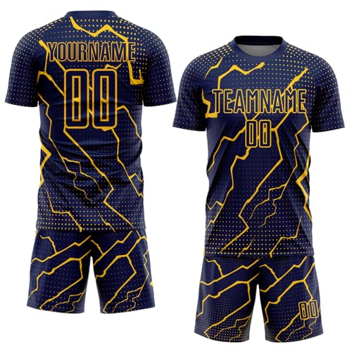Design Cool Yellow Crack Pattern Soccer Jerseys Personalized Matching Shirts Shorts Set Printed Team Name Number Logo, Custom Navy Blue Casual Sports Fan Uniform for Men Women Teens Boys Girls Member
