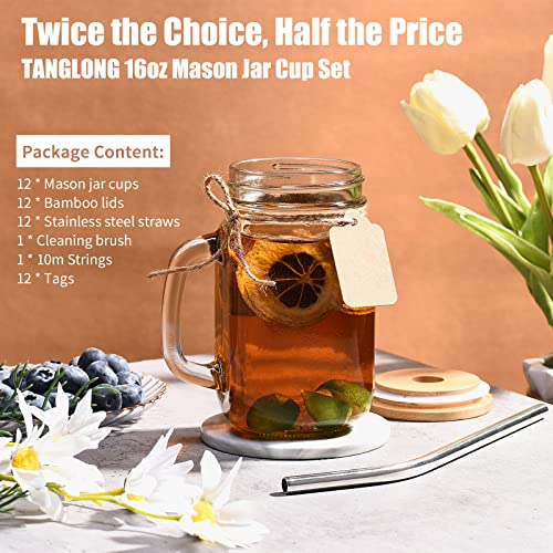 TANGLONG 16 oz Mason Jars with Handle, Mason Jar Cups, Glass Cups with Lids and Straws, Drinking Glasses Set of 12