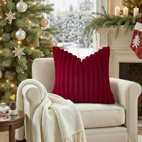 Image of decorUhome Fall Faux Fur Throw Pillow Covers 18x18 Set of 2 Burgundy