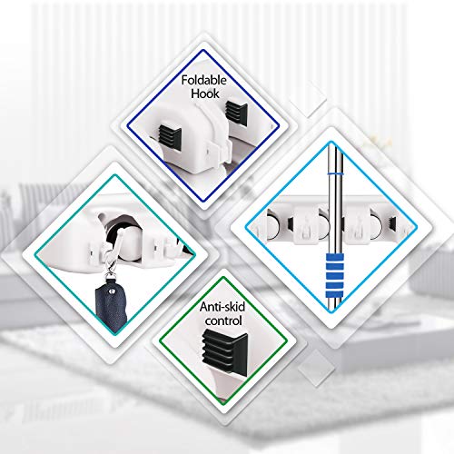 حامل مقشة يثبت على الحائط من ليتمي للشرشوبة والمقشة - رف تخزين جراج ومنظم ادوات الحديقة بـ 5 مواضع و6 خطافات للمنزل والمطبخ والحديقة، ستانلس ستيل، متعدد الالوان