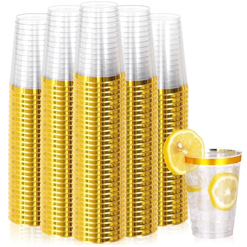 Image of 200 Pcs Gold Plastic Cups,12oz Gold Rimmed Plastic Cups,Heavy Duty Disposable Plastiic Wine Glasses Cocktail Glasses Premium Cup with Gold Rim for Party,Wedding,Christmas