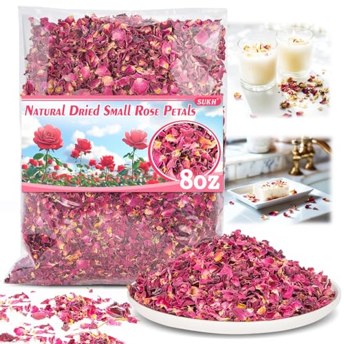 Sukh 8oz Dried Rose Petals - Organic Red & Pink Dried Rose Petals for Soap Making, Candle Making, Wedding Decoration, Resin Crafts, Bath & Confetti, Natural Fragrant Flowers