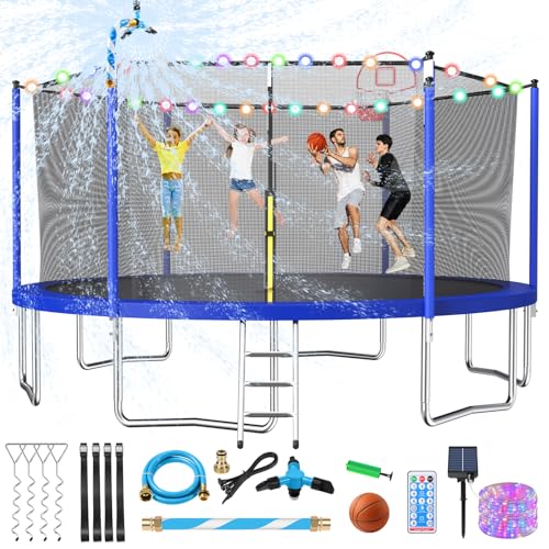 Lyromix Upgraded 14FT Trampoline for Kids and Adults, Large Outdoor Trampoline with Basketball Hoop, Stakes, Light, Sprinkler, Capacity for 5-8 Kids and Adults