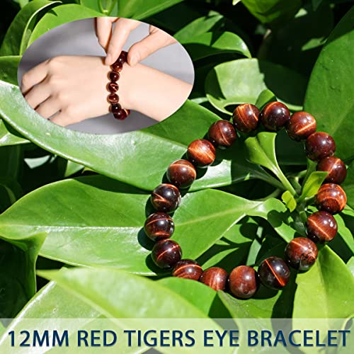 12Mm Red Tigers Eye Bracelet For Men | Natural Healing Root Chakra Gemstones | Fits For 8-8.5" Large & Strong Wrist | Bring Luck & Fortune | Anxiety Relief Spritual Gift For Friends Familys #TOP2