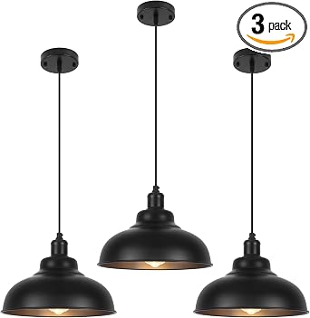Black Dome Pendant Light 3 Pack, Farmhouse Pendant Lights Kitchen Island, 11.4 Industrial Metal Pendant Light Fixtures, Pendant Lighting for Dining Room Hallway Bar, Adjustable Height