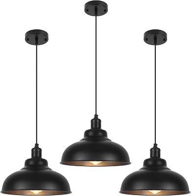 Black Dome Pendant Light 3 Pack, Farmhouse Pendant Lights Kitchen Island, 11.4’’ Industrial Metal…