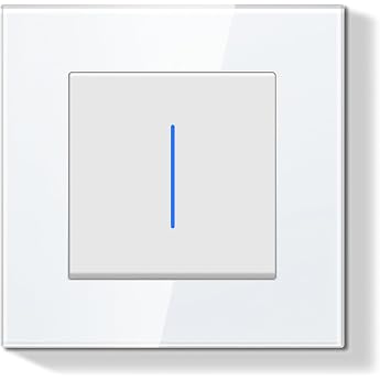 Flush-Mounted Light Switch 1-Way 86 x 86 mm Modern Wall Switch with Glass Frame Easy Assembly Light Switch for Living Room Bedroom Hallway with Indicator White