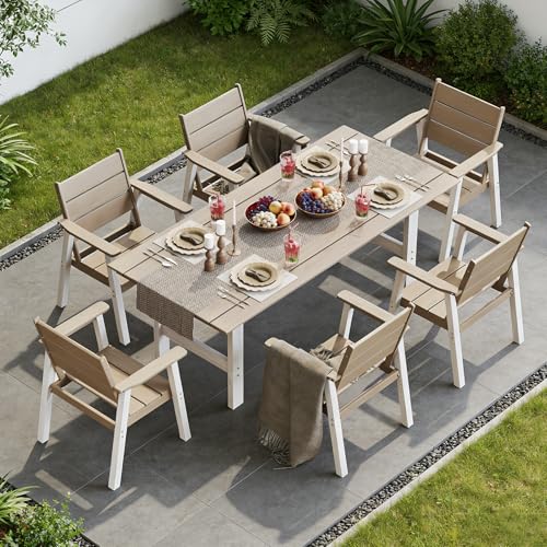 Polyhouz Outdoor Dining Set,7-Piece Patio Table and Chairs Set for 6, HDPE Outdoor Dining Table and Chairs with Umbrella
