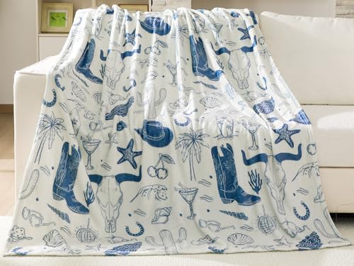 HunnmingRe Coastal Cowgirl Throw Blanket 50 x 60 Inches Blue Velvet Soft Plush Preppy Blanket with Cowboy Hat Boots Horseshoe Seashell for Summer Boho Gifts Couch Bed Sofa Chair Birthday Decor