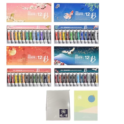 Holbein Irodori Artist Gouache, 4 Seasons (Spring, Summer, Autumn and Winter), Set of 12, 15 milliliters, Tubes with Palette Paper
