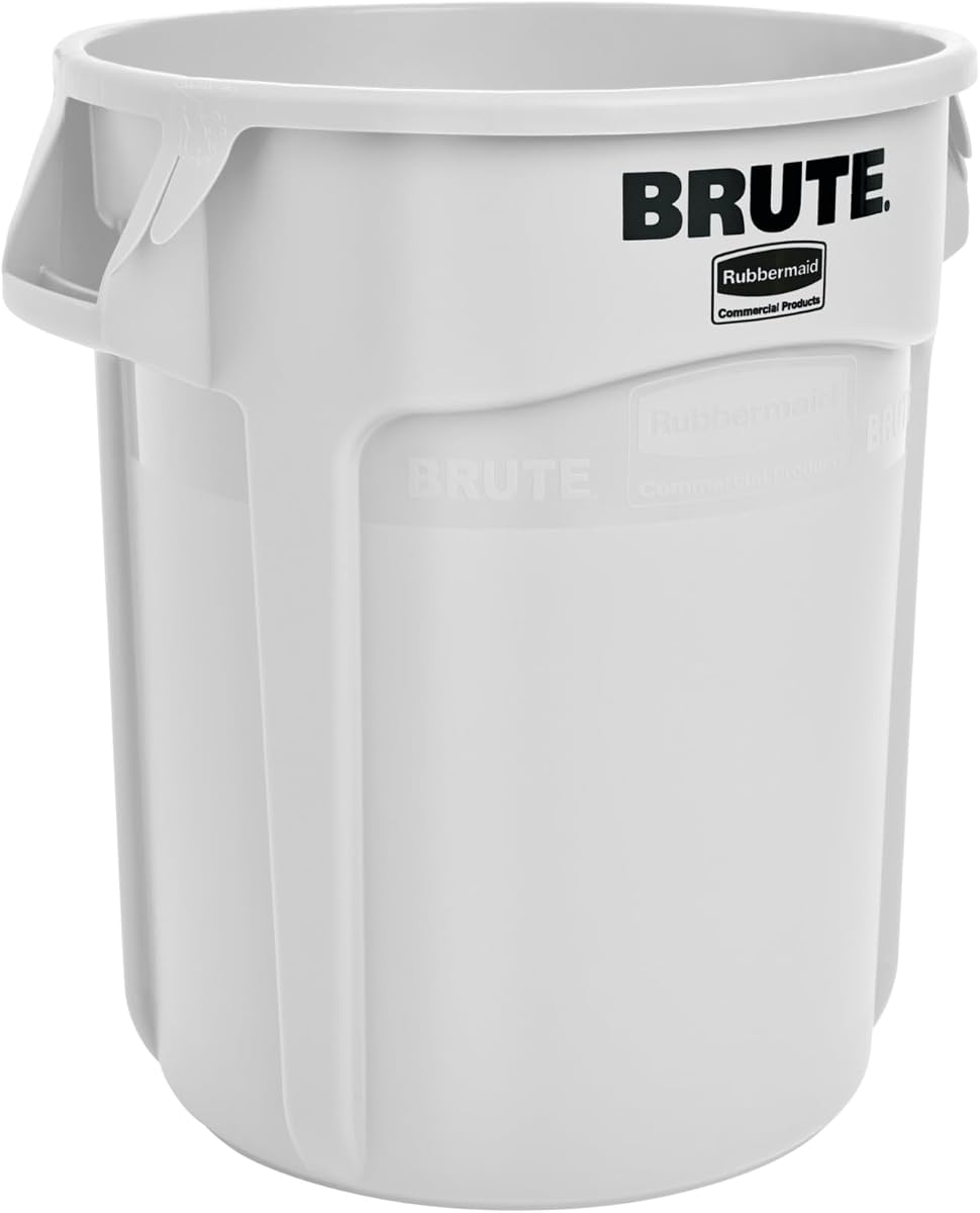 Rubbermaid Commercial Products BRUTE Bote de basura redondo de alta resistencia, 10 galones, blanco, contenedor de residuos para exteriores para paisajistas/construcción/restaurantes/parte trasera de casa/oficinas/almacenes