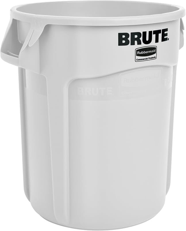 Rubbermaid Commercial Products BRUTE Bote de basura redondo de alta resistencia, 10 galones, blanco, contenedor de residuos para exteriores para paisajistas/construcción/restaurantes/parte trasera de casa/oficinas/almacenes