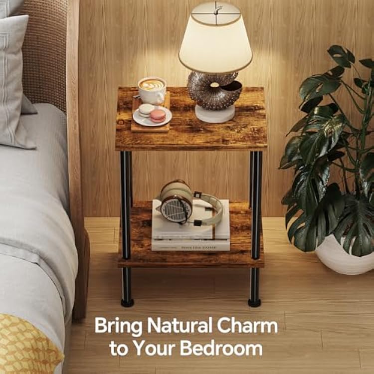 Simple Trending Side Table, Small End Table Living Room, Nightstand with 2 Tier Storage Shelves, Rustic Brown