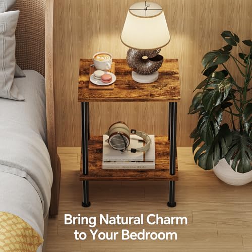 Simple Trending Small Side Table, End Table Living Room, Nightstand with 2 Tier Storage Shelves, Sofa Couch Table for Small Spaces, Rustic Brown