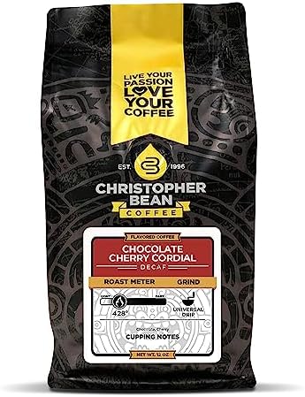 Christopher Bean Coffee Decaf Coffee Ground - Chocolate Cherry Cordial Flavored Coffee, Decaffeinated Coffee w/Non-GMO Flavoring, Arabica Coffee Beans, Makes 30 Cups, Non-Dairy & Sugar-Free, 12 oz
