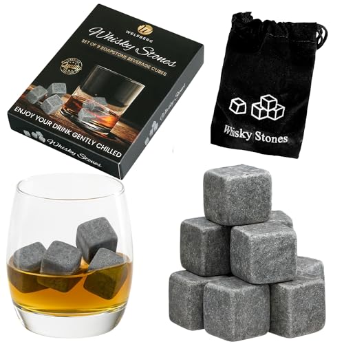 Welsberg Pack of 9 Whisky Stones, On The Rocks Cooling Whiskey Cubes with Practical Fabric Bag, Ice Cubes for Drinks Made of Soapstone, Grey