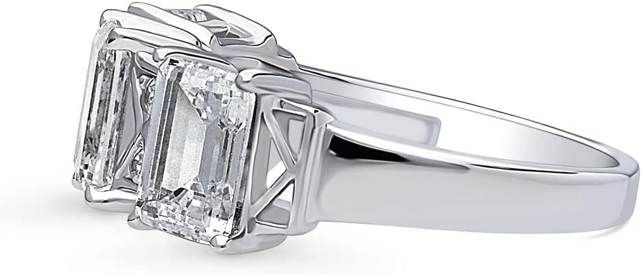 BERRICLE Sterling Silver 3-Stone Emerald Cut Cubic Zirconia CZ Statement Vintage Inspired Art Deco Fashion Ring for Women, Rhodium Plated 3 Carat Size 4-10