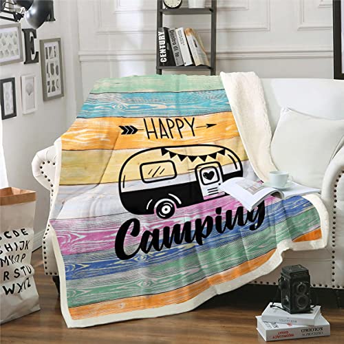 Erosebridal Camper Plush Bed Blanket For Boys, Happy Camping Throw Blanket,Teens Rustic Farmhouse Fleece Blanket, Sketch Drawing Camper Sherpa Blanket, Soft Microfiber Fuzzy Blanket, 40"X50" #TOP30