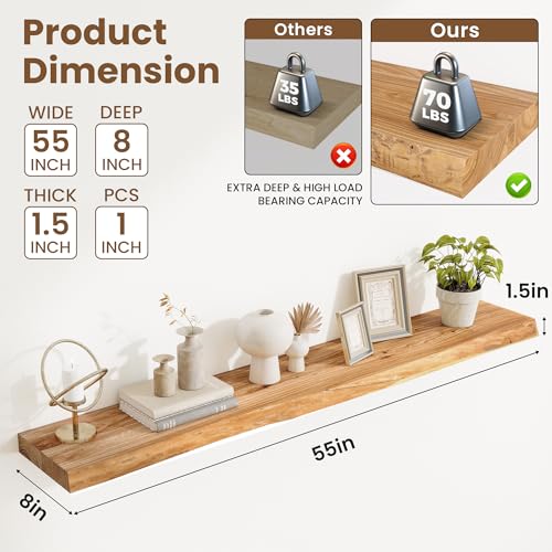 Image of Acovy Extra Deep 55 inch Long Live Edge Rustic Floating Shelves for Wall, Solid Wood Wall Shelves with Invisible Bracket Mount for Living Room Bathroom Bedroom Kitchen, Set of 1, Natural