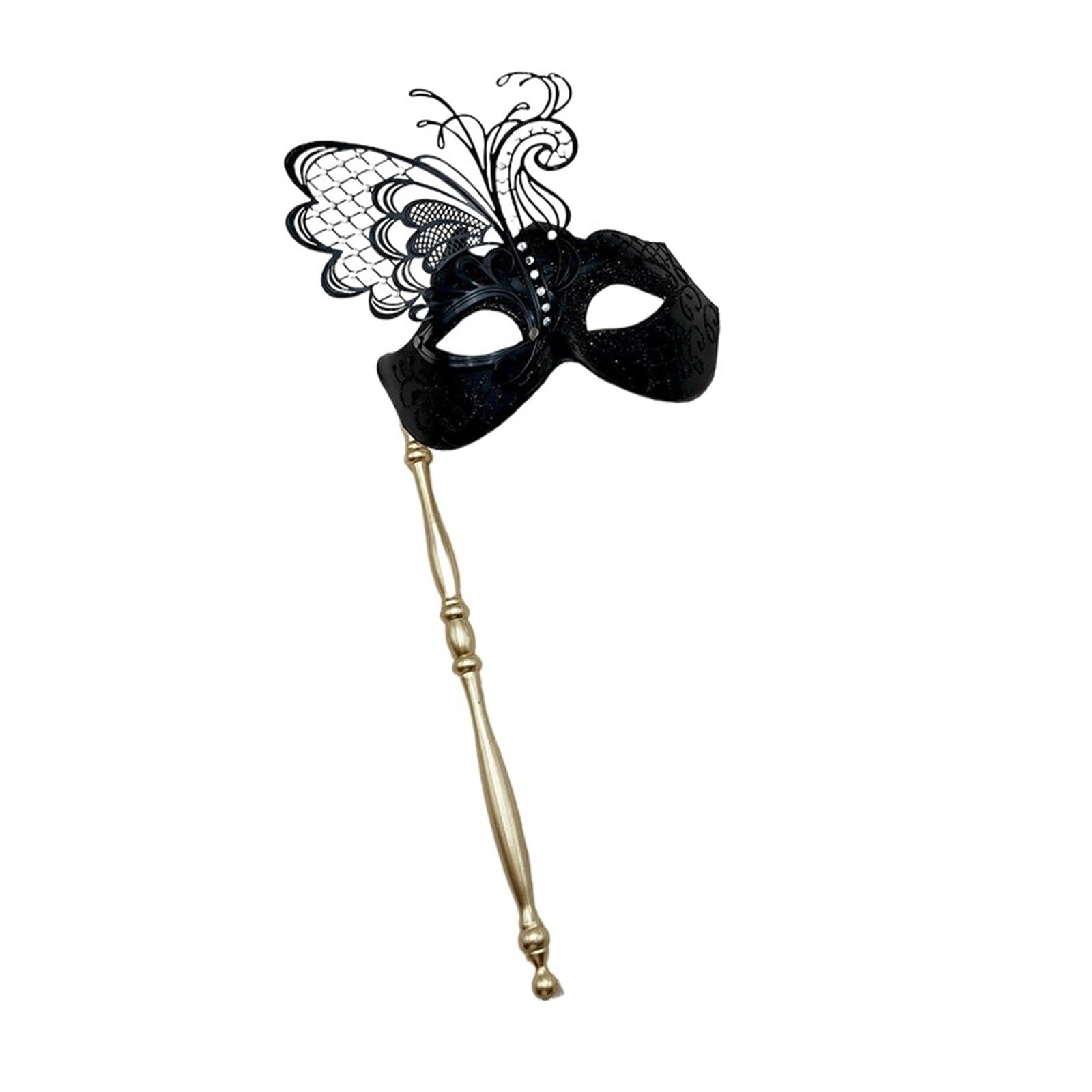 MLYPRU Masquerade Ball Masks, Portable Masquerade Mask with Stick for Women & Couples, Mysterious Mardi Gras Mask Venetian Halloween(Black)