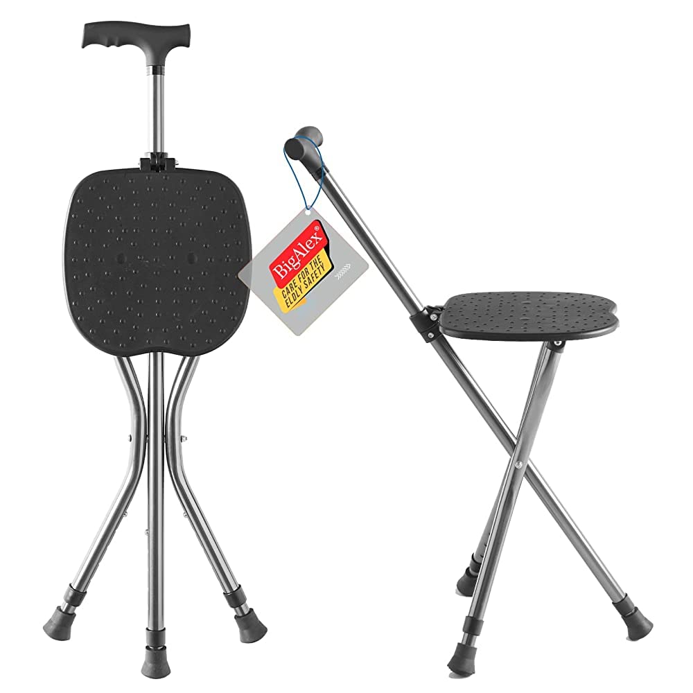 BigAlex Walking Cane with Seat Lightweight Cane Seat for Seniors Adjustable Folding Cane Chair for Women with 3 No-Slip Legs and Comfortable Handle
