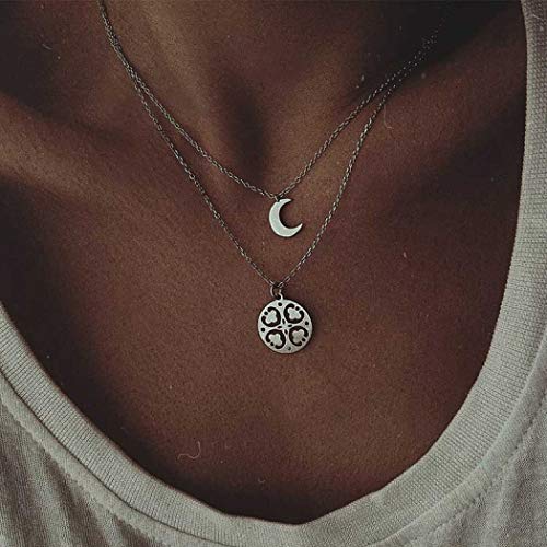 Preisvergleich Produktbild Jovono Multilayered Crescent Moon Anhänger Halsketten Vierblättriges Kleeblatt Halskette Kette Schmuck für Frauen und Mädchen (Silber)