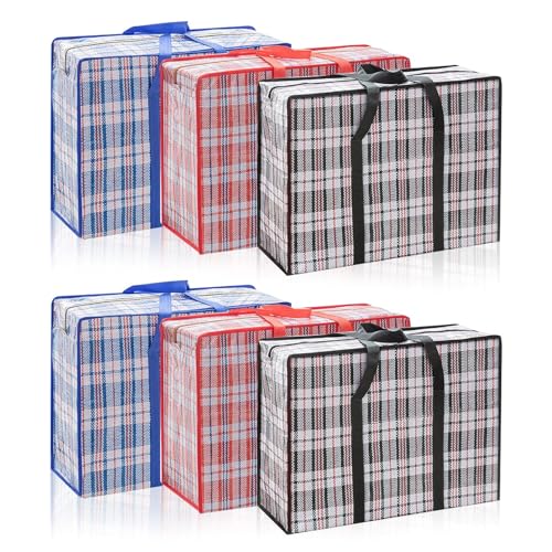 Riutilizzabili Porta Abiti Grande Con Manico,Borse Plastica con Cerniera, Confezione da 6 Organizzatore Pieghevole Con Cerniera, Lo Shopping (60 * 50 * 20CM, Rosso, Nero, Blu)