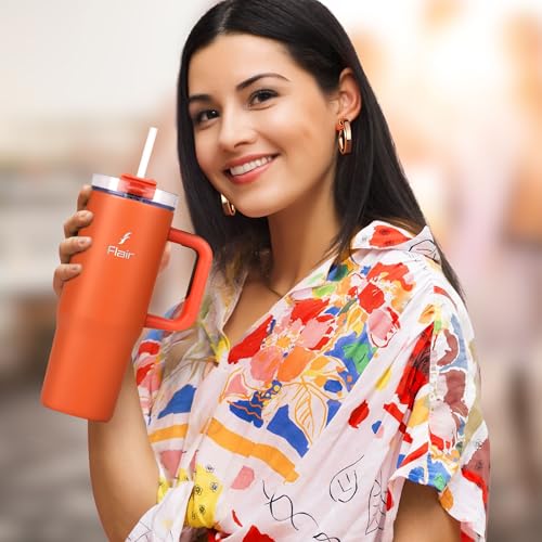 Image of FLAIR Vogue Insulated Tumbler with Lid, 2 Straws & Brush-750ml | Stainless Steel Sipper with Handle | Hot & Cold | Car Cupholder Friendly | Travel, Gym, Gift (Mandarin Orange)