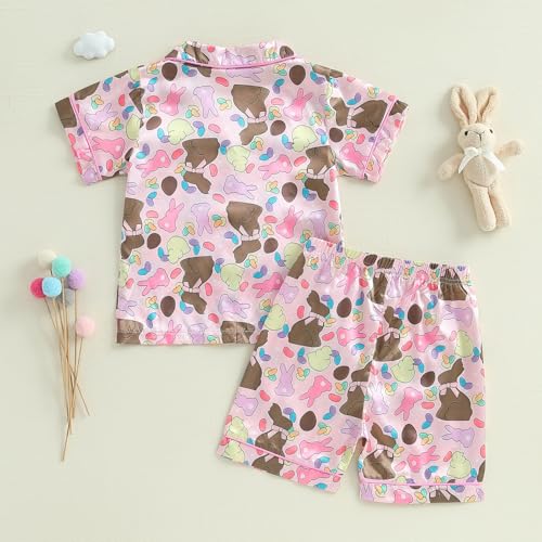 Toddler Baby Girl Easter Day Silk Pajamas Set Feather Trim Button Up Shirts Tops Shorts Pants Bunny Satin 2PCS Pj Set3