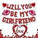 16 Inches Red 'WILL YOU BE MY GIRLFRIEND' Confession Letter Balloons with Heart-Shape, lips, love Foil Balloons and Rose Petals for Romantic Special Night Decorations and Valentines Day