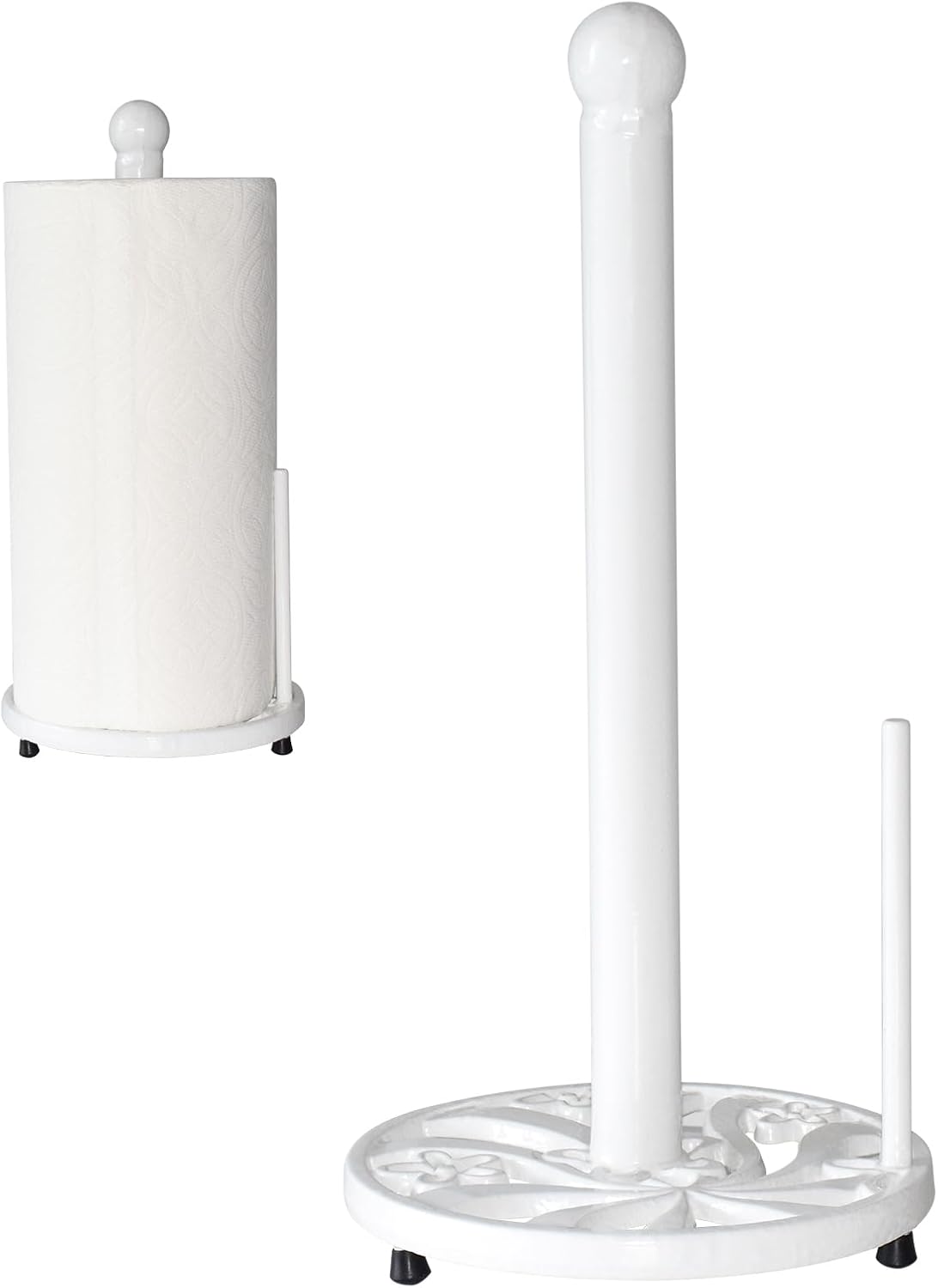 Vintage Cast Iron Paper Towel Holder Countertop - Elegant White Daffodil Pattern Standing Paper Towel Dispenser with Heavy Duty Base for Kitchen Decor