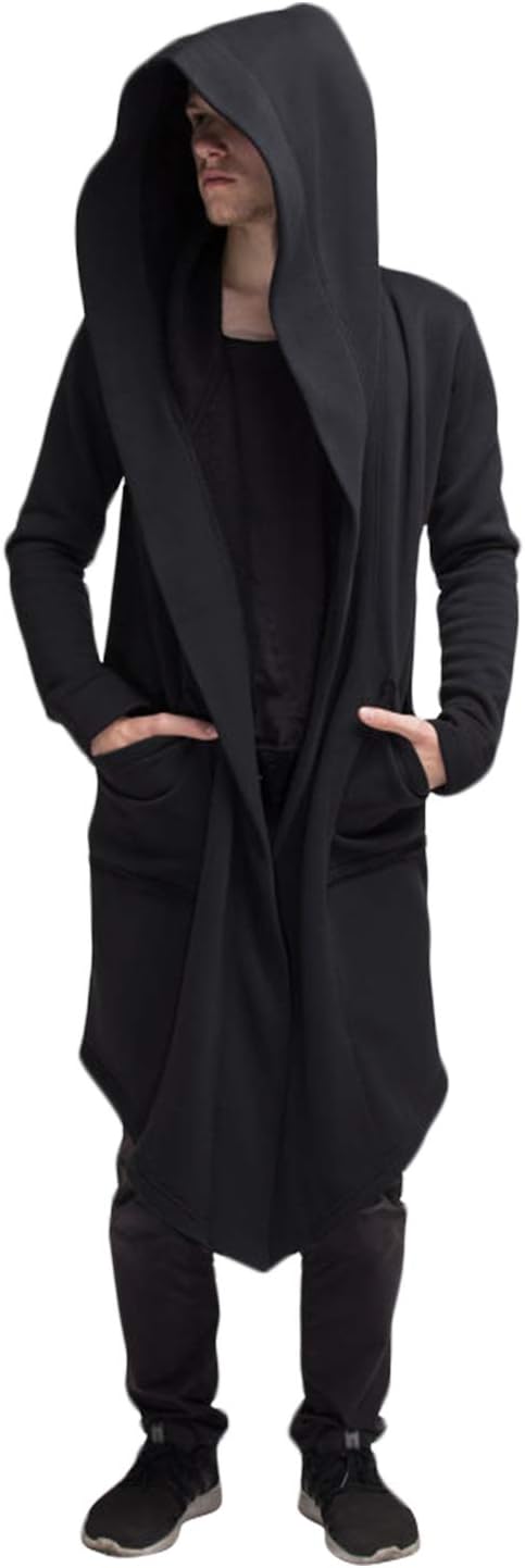 Black Cardigan Mens Cardigan Long Hooded Cardigan for Men Cape Coat Loose Jacket Overcoat Hip Hop Urban Hoodie (Black, Medium)