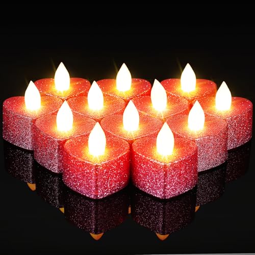 Image of Baquler 24 Pcs Valentine Candles Heart Shaped Glitter Tealights Romantic LED Tea Lights Candle Battery Operated for Valentine's Day Marriage Proposal Wedding Anniversary Celebration Decor(Pink)
