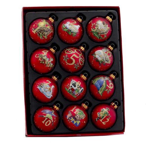 Kurt Adler 12-Piece 12-Days of Christmas Decorative Glass Balls Set, 65mm