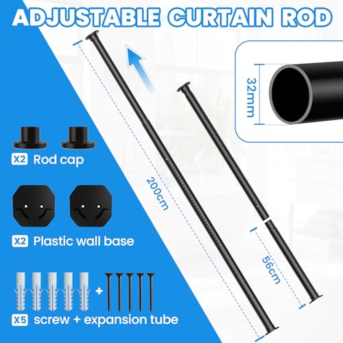 WELDUN Ausziehbare Gardinenstangen 98-200cm Spannstangen ohne Bohren Φ32mm Duschvorhangstange inkl 2 Wandsockel Metall Teleskopstange für… – Ansicht 4