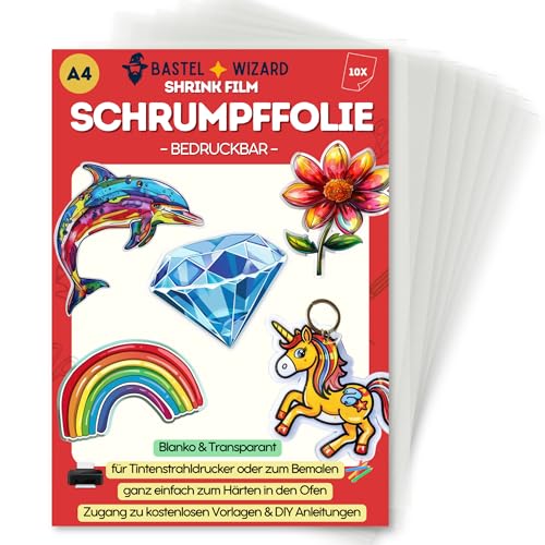 BastelWizard - Premium Schrumpffolie zum Basteln - 10 Schrumpffolie bedruckbar - DIN A4 Bastelfolie für Kinder & Erwachsene DIY