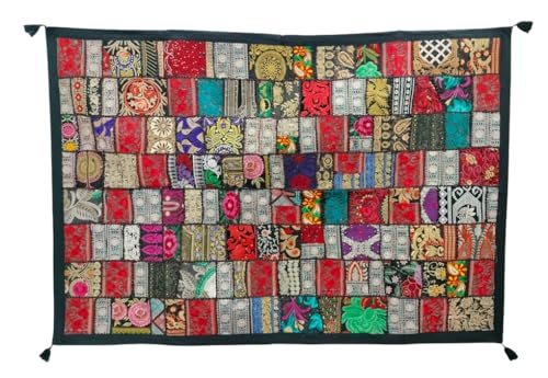 Image of Ekam Art Home Living Room Decor Handmade Embroidery Cotton Patchwork Wall Hanging Tapestries 40 x 60 Inch (Black)