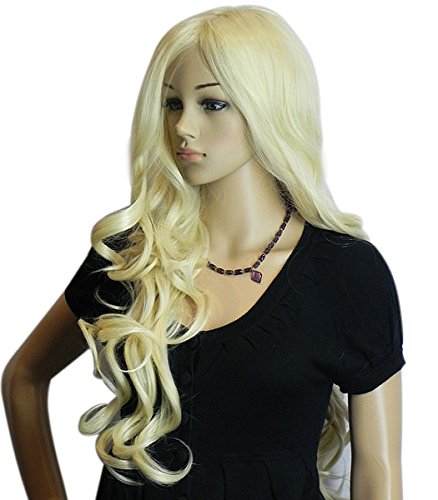 Diy Western Women's Long Deep Curly Wavy Light Blonde Oblique Bangs Kanekalon Full Hair Wig