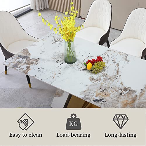 71” Marble Top Dining Table, Metal Frame Furniture Kitchen Table For 6, Sintered Stone Pandora Dinner Tabletop, Stainless Steel & Stone Slate Base Dinner Table For Dining Room (1 Pc Table(Tl Shape)) #TOP2