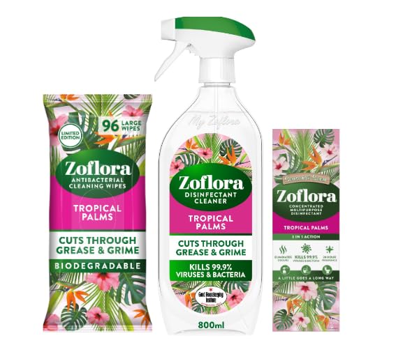 Zoflora Tropical Palms Multipurpose Disinfectant Multipack (250ml Liquid, 96pk Large Wipes, 800ml Cleaner Spray)
