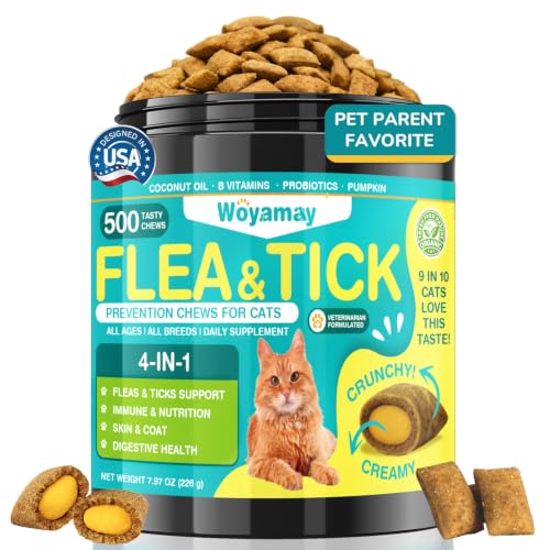 Woyamay 4-IN-1 Flea and Tick Prevention for Cats 500 Crunchy & Creamy Chews Cat Flea Treatment Natural Oral Flea Treatment for Cats Daily Support for Flea Immune Skin & Coat Gut Chicken Flavor