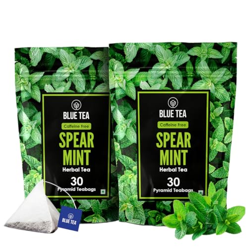 Image of BLUE TEA - Spearmint Herbal Tea - 30 Tea Bags (Pack of 2) - Plant Based | PCOS RELIEF | Supports Digestion | Balances Hormones | Reduces Facial Hair | Herbal Tea - Dried Loose Leaf - Caffeine Free | Zipper Packaging