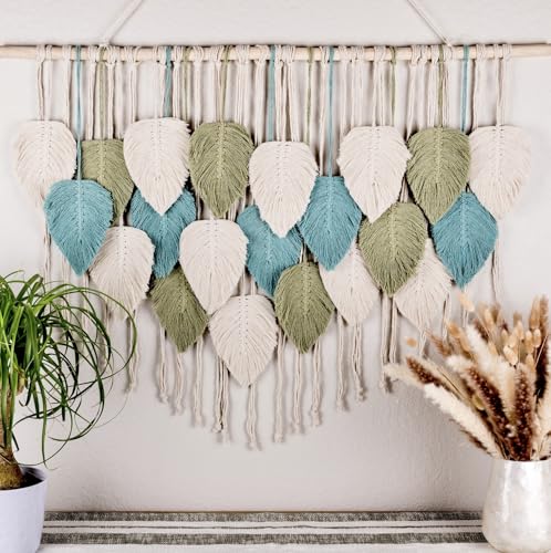 SnugLife Large Macrame Wall Hanging Leaves - Chic Bohemian Handmade Woven Tapestry Wall Hanging Leaf Wall Art, Feather Boho Wall Decor for Living Room Nursery Bedroom, 39'W X 31'L (Sage Green, Green, Beige)