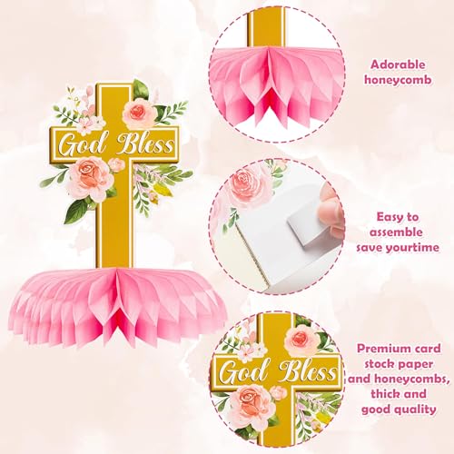 Image of ANGOLIO 12Pcs Floral God Bless Decorations First Communion Honeycomb Centerpiece Double Sided Table Toppers for Baby Girl Baptism Party Decor Christening Celebration Religious Photo Props Decor Girls