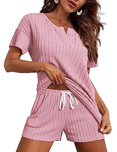 Ekouaer Womens Lounge Set Shorts Sleeve Ribbed Knit Pajamas Shirt Loungewear With Pockets Sweatsuits Pink #TOP7