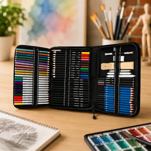 Kit Lapis de Desenho Profissional 72 Peças com Estojo Portátil, Lapis de Cor e Grafite Profissional, Sketchbook, Borrachas, Estilete e Acessórios para Artistas e Estudantes Linha Super Premium