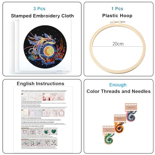 Image of Konrisa Stamped Embroidery Kit for Adults, 3 Set Elegant Goldfish DIY Sewing Needlepoint Cross Stitch Kit with Embroidery Floss,Hoops,Color Thread,Needle,1 pc Hoop
