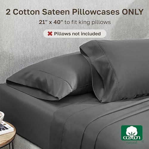 Image of California Design Den King Size Pillowcase Set - 400 Thread Count, 100% Cotton Sateen, Set of 2 Pillow Covers, Soft and Breathable - Grey